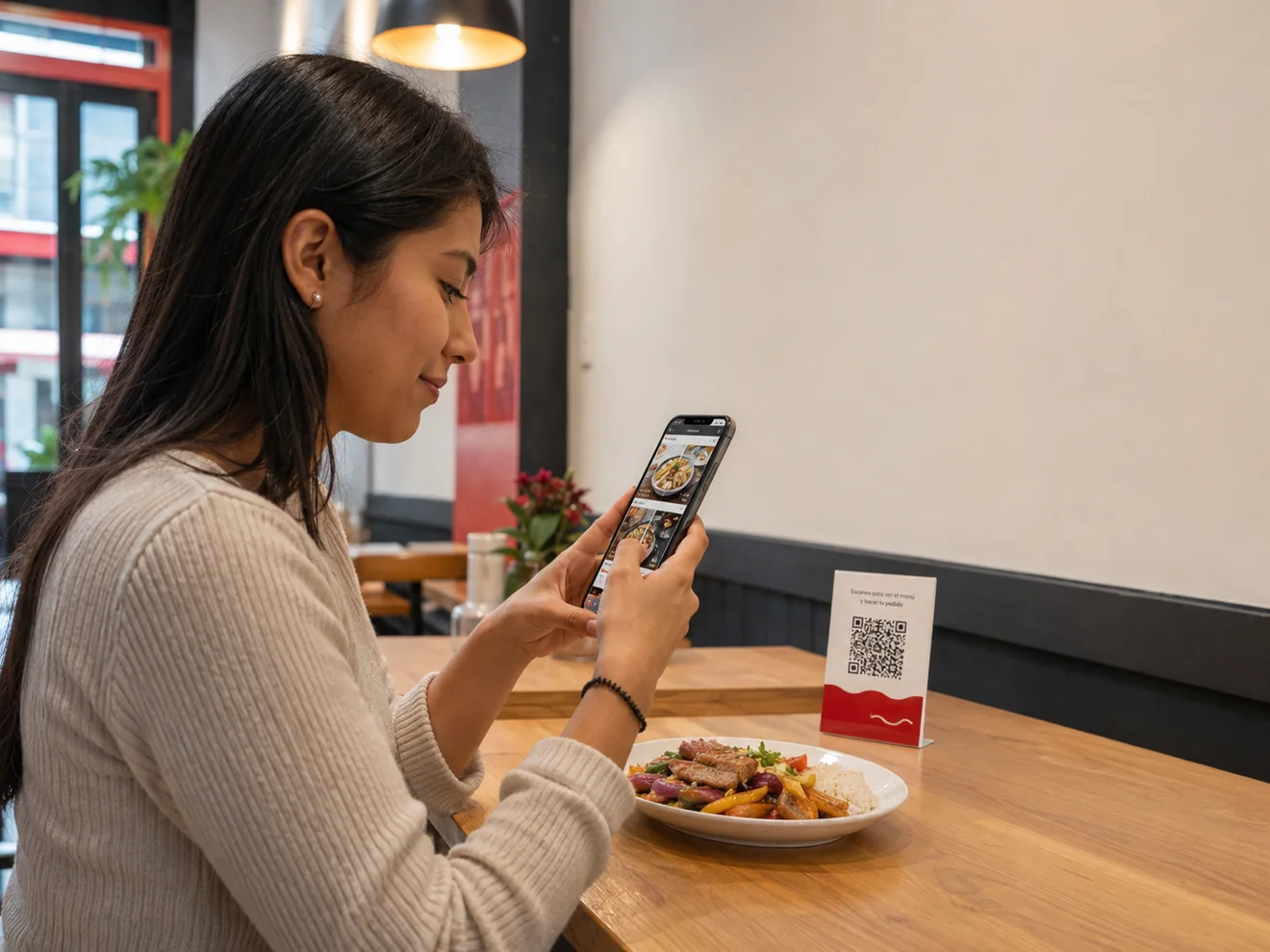 Cliente usando un menú digital con QR desde la mesa de un restaurante
